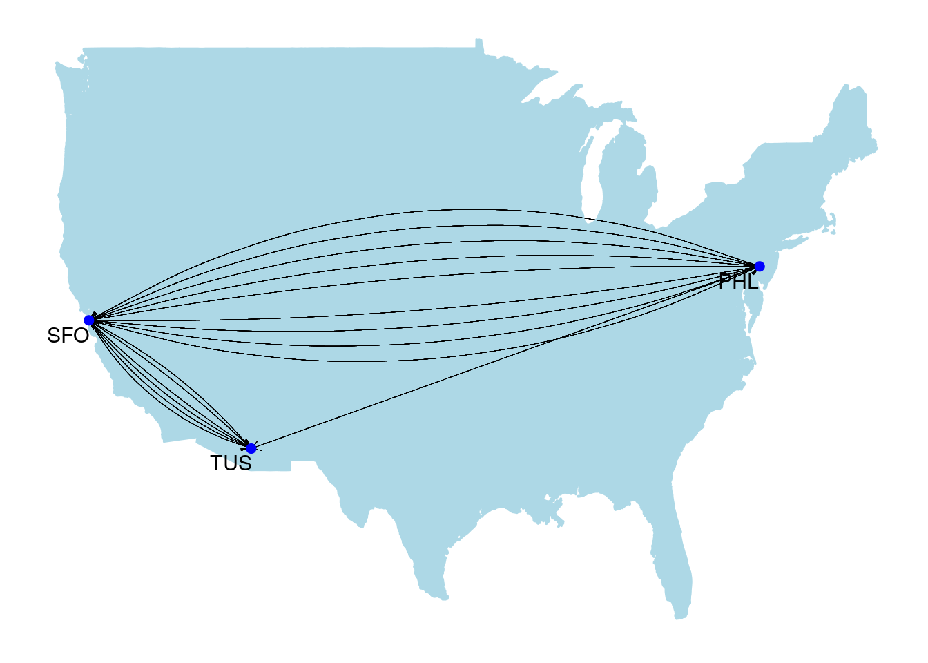 Carrier routes operating between three US airports in December 2010