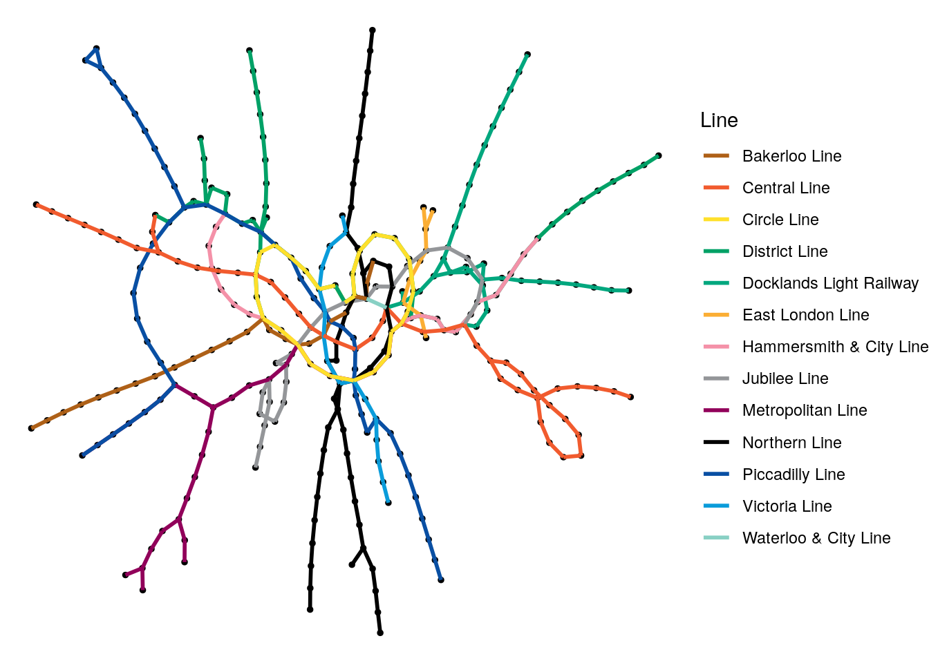Random graph visualization of the London Tube network graph with the edges colored by the different lines