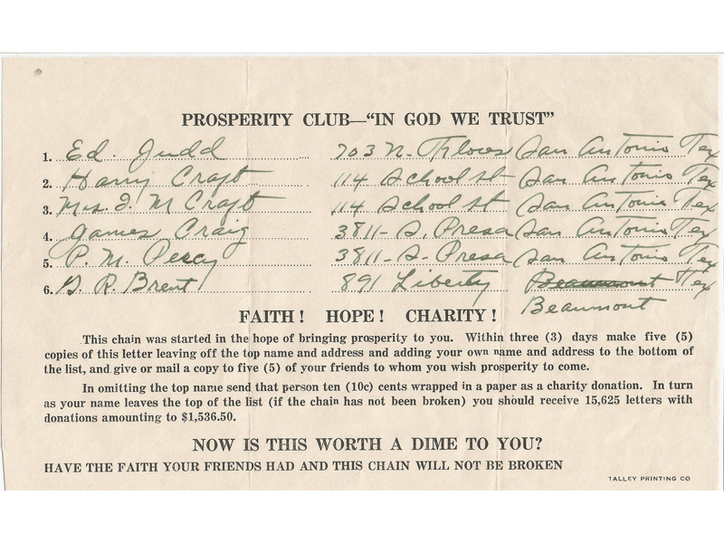 Chain letter from Texas in 1935 (credit: Daniel W. VanArsdale)