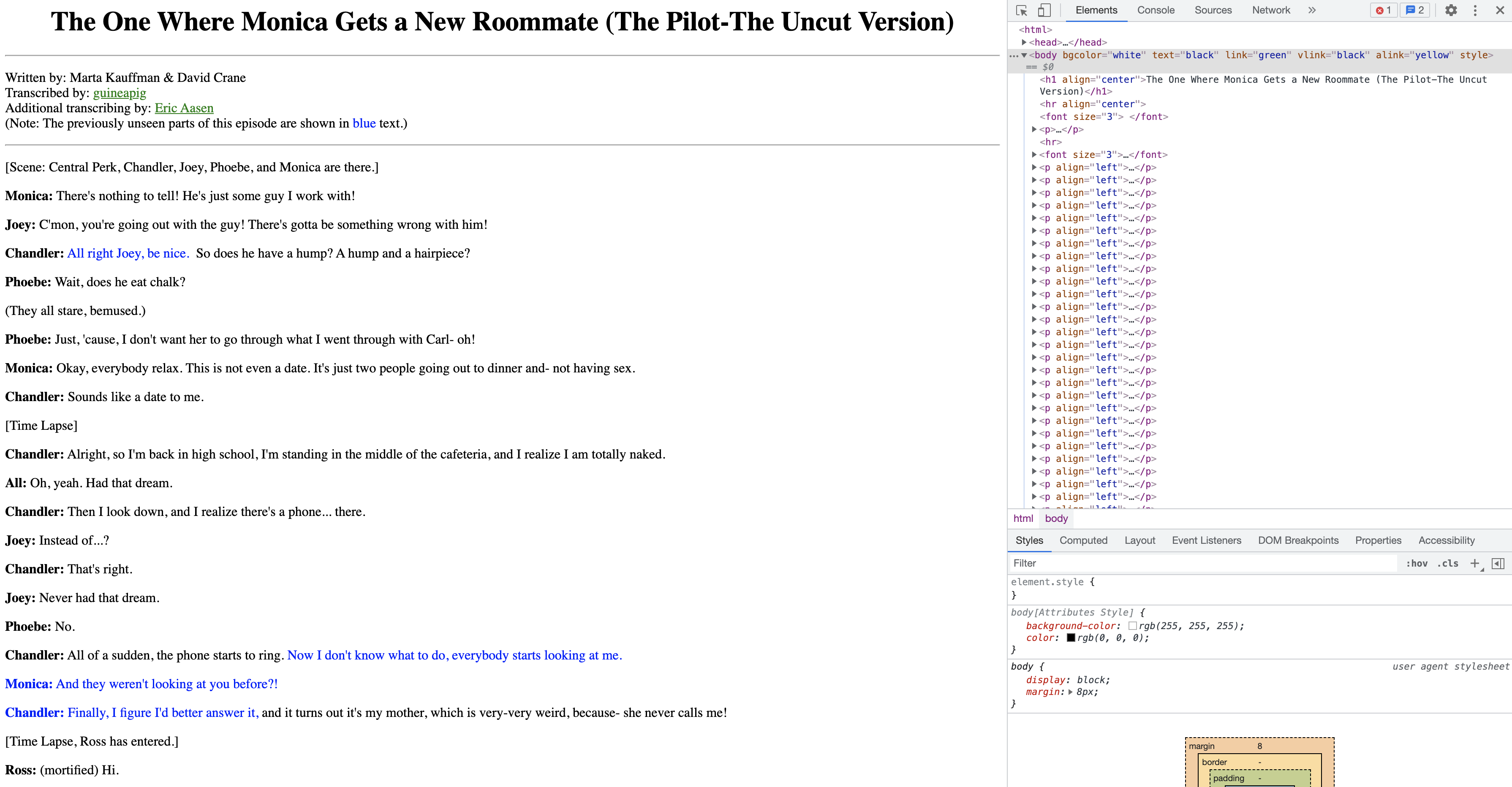 Viewing the script of Season 1, Episode 1 of <i>Friends</i> with the Elements console open in Google Chrome